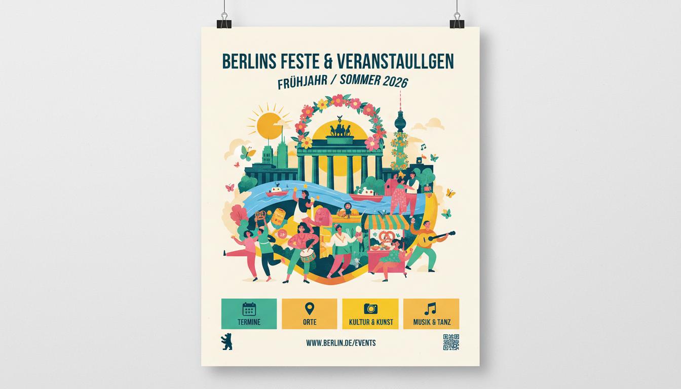 Plakat für Berlins Feste und Veranstaltungen für Frühjahr / Sommer 2026. Checkliste: vom Entwurf bis zur Hängung