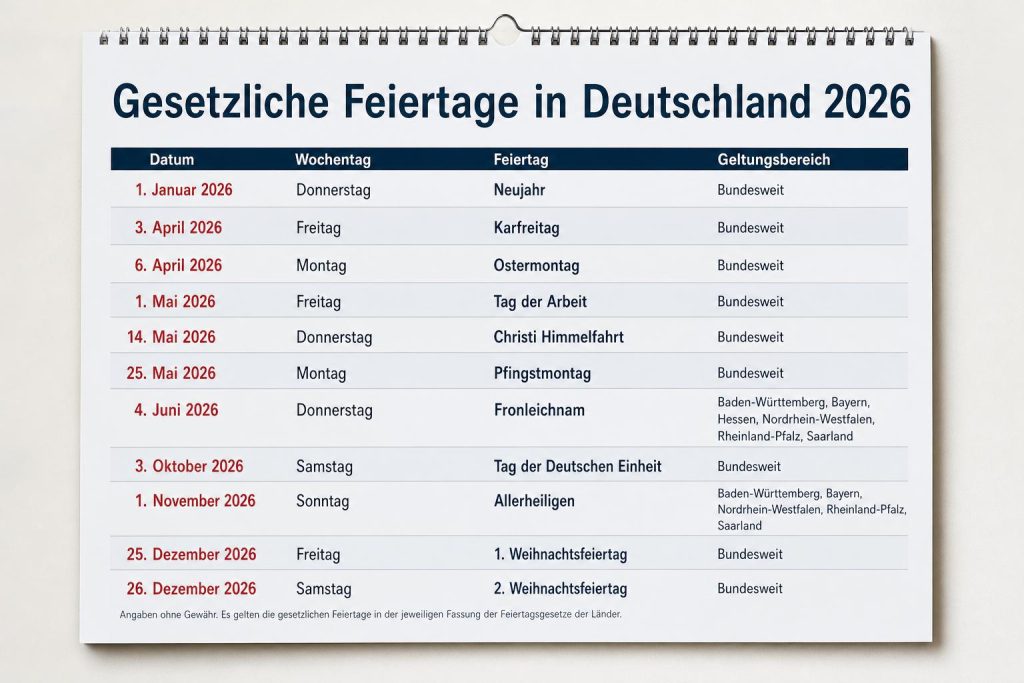 Feiertage 2026: Termine und regionale Besonderheiten