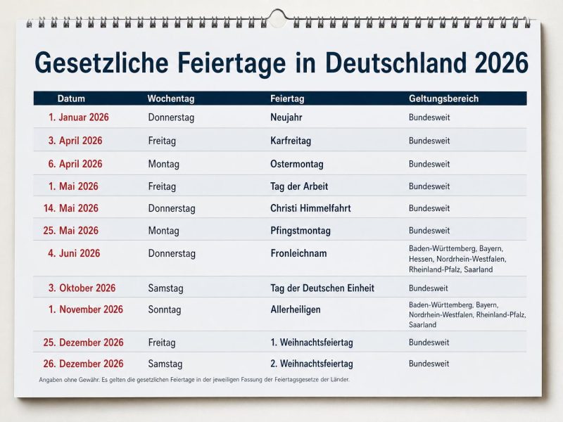 Feiertage 2026: Termine und regionale Besonderheiten