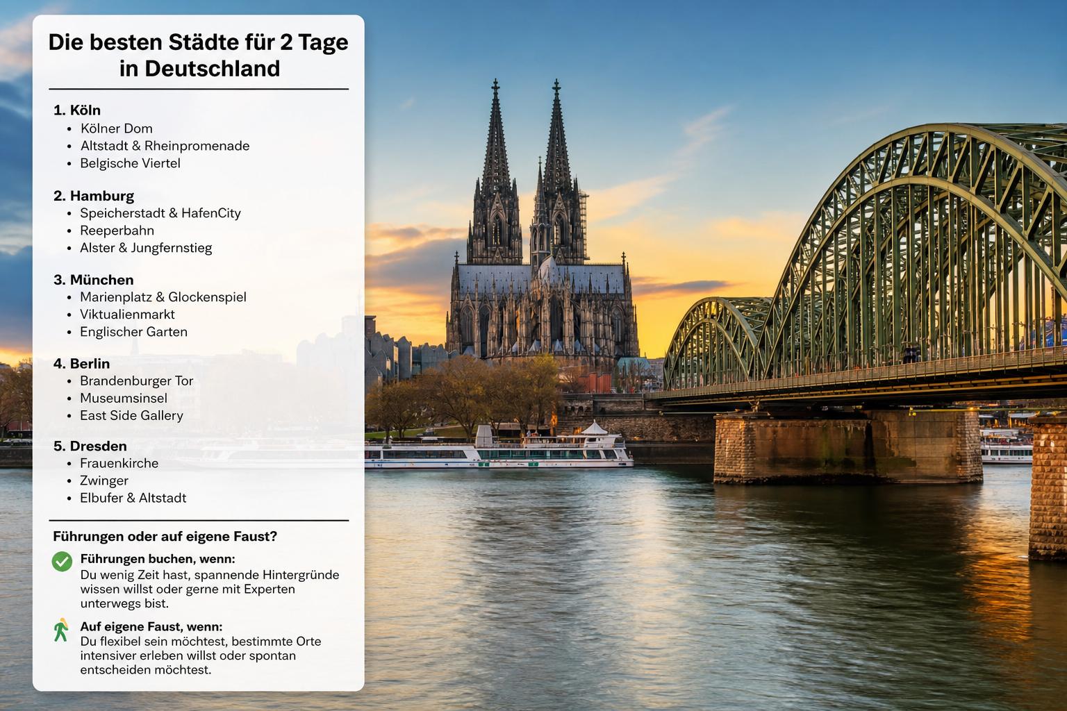 Die besten Städte für 2 Tage in Deutschland. Sollte ich Führungen buchen oder lieber auf eigene Faust unterwegs sein?