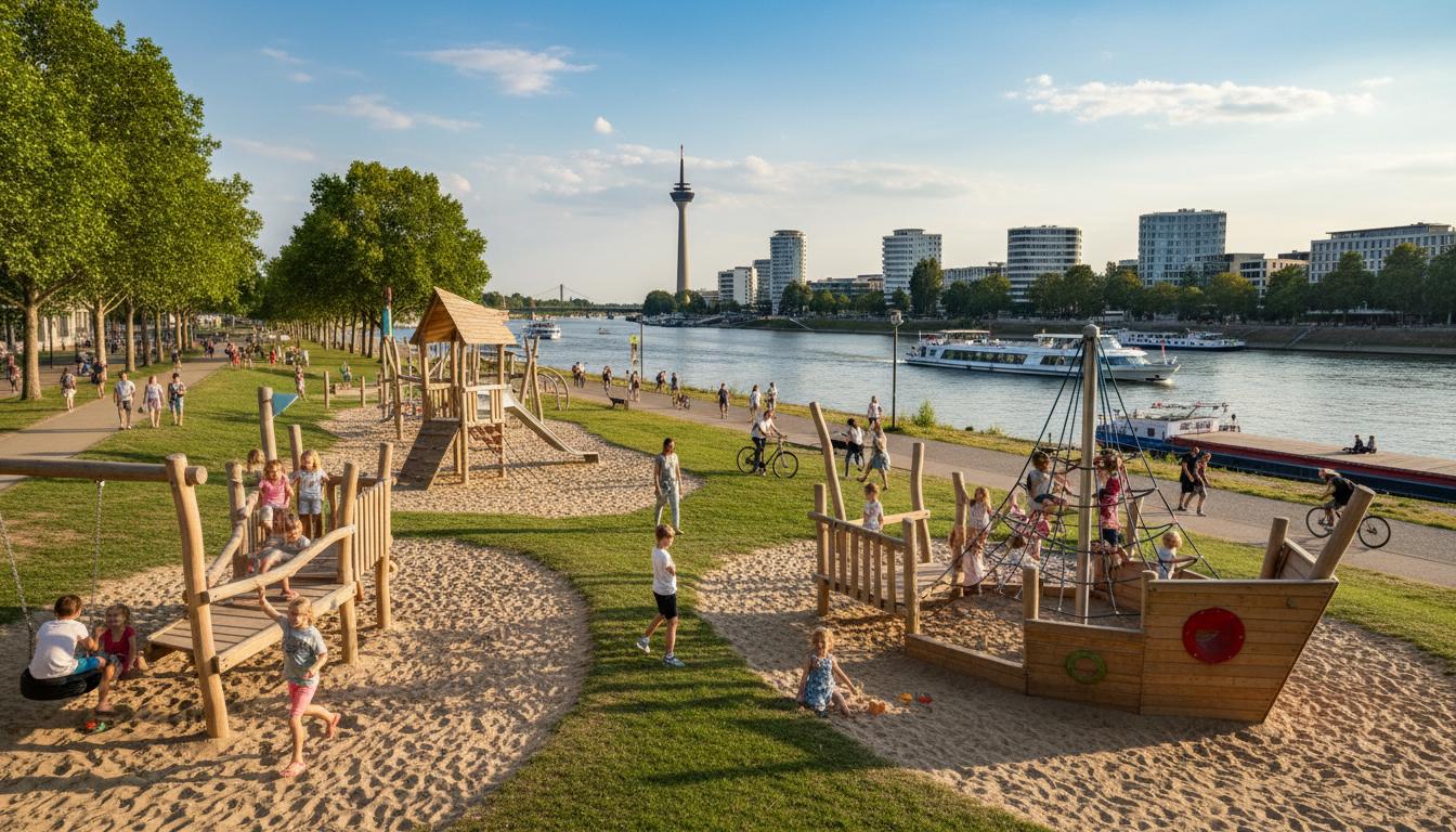 Düsseldorf mit Kindern. 5. Gibt es in Düsseldorf Spielplätze direkt am Rhein?