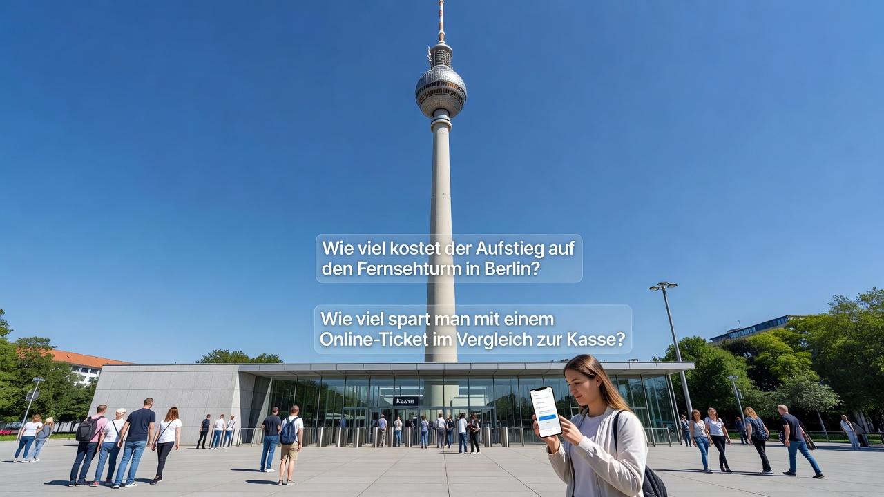 Wie viel kostet der Aufstieg auf den Fernsehturm in Berlin?. Wie viel spart man mit einem Online-Ticket im Vergleich zur Kasse? Wie viel kostet der Aufstieg auf den Fernsehturm in Berlin?. Wie viel spart man mit einem Online-Ticket im Vergleich zur Kasse?