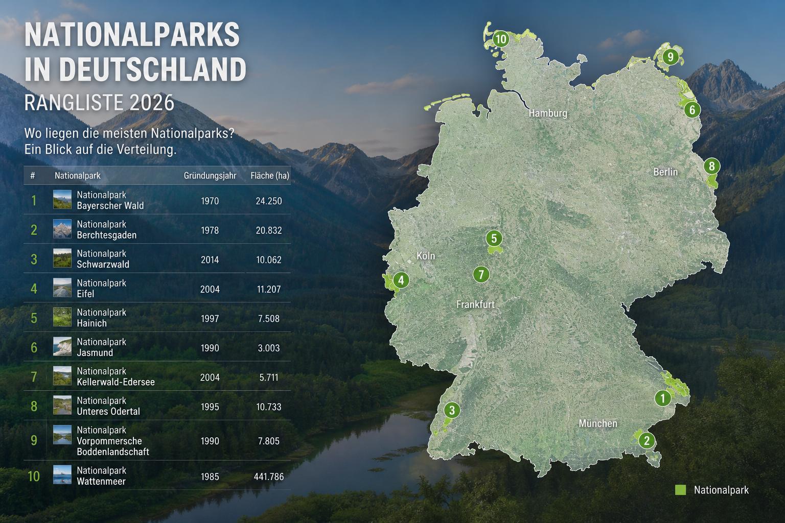 Liste der Nationalparks in Deutschland. Rangliste 2026. Wo liegen die meisten Nationalparks? Ein Blick auf die Verteilung