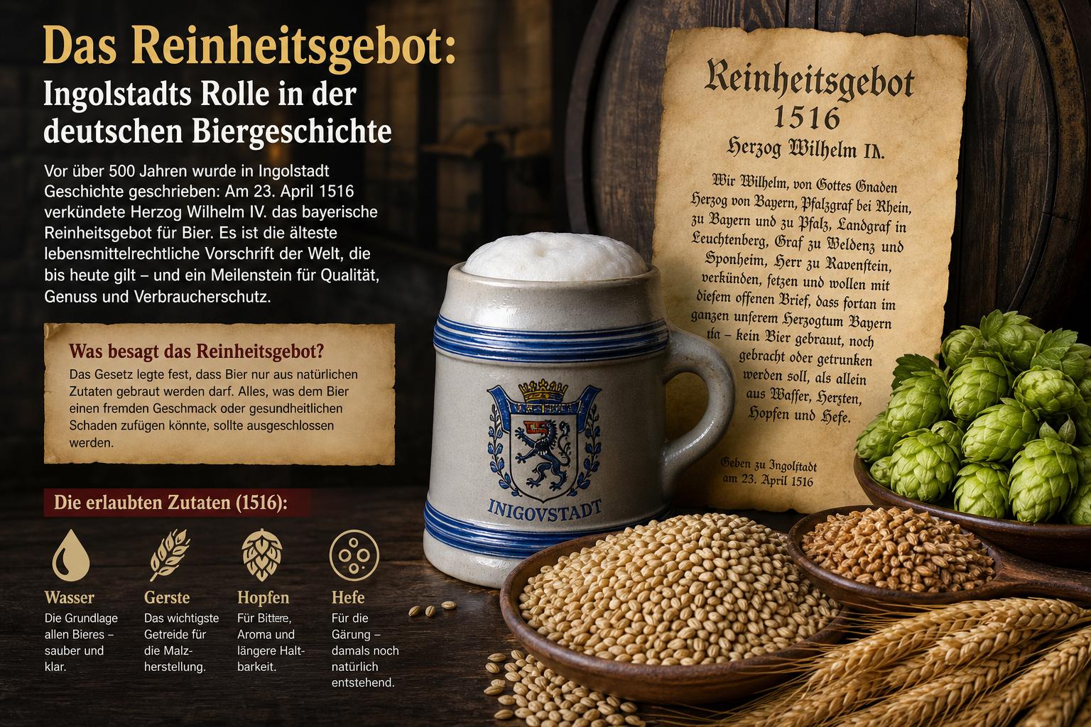 Das Reinheitsgebot: Ingolstadts Rolle in der deutschen Biergeschichte. Welche Zutaten waren im ursprünglichen Reinheitsgebot erlaubt?