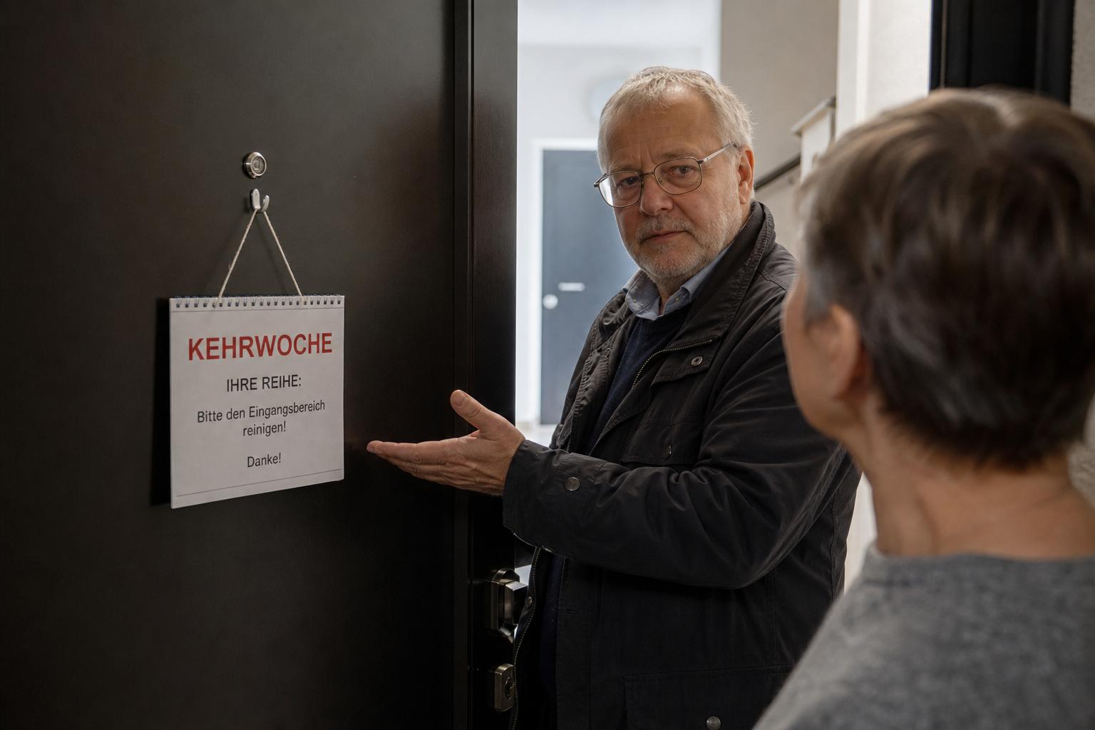 Kehrwoche: Warum der Nachbar Ihnen ein Schild auf die Tür hängt. Wer bekommt das Schild als nächstes?