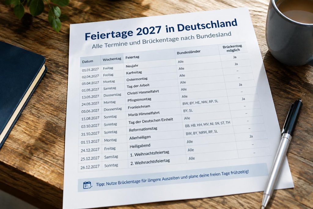 Feiertage 2027 in Deutschland: Alle Termine und Brückentage nach Bundesland