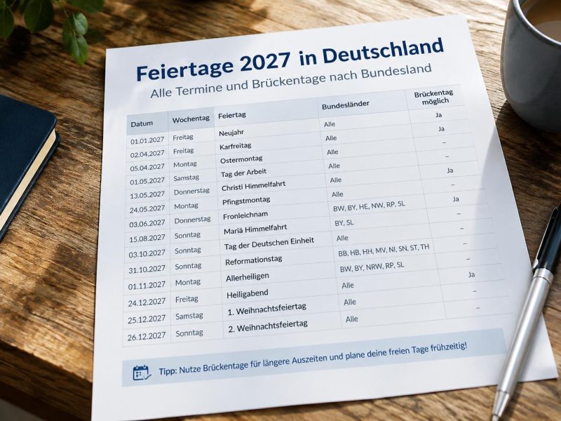 Feiertage 2027 in Deutschland: Alle Termine und Brückentage nach Bundesland