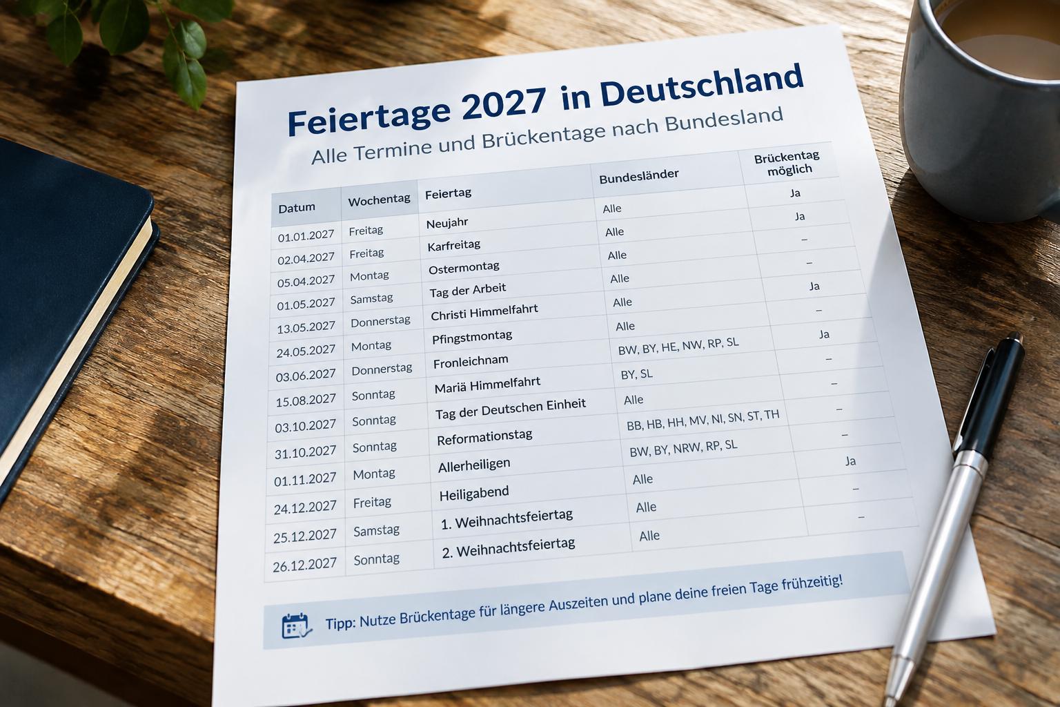 Feiertage 2027 in Deutschland: Alle Termine und Brückentage nach Bundesland