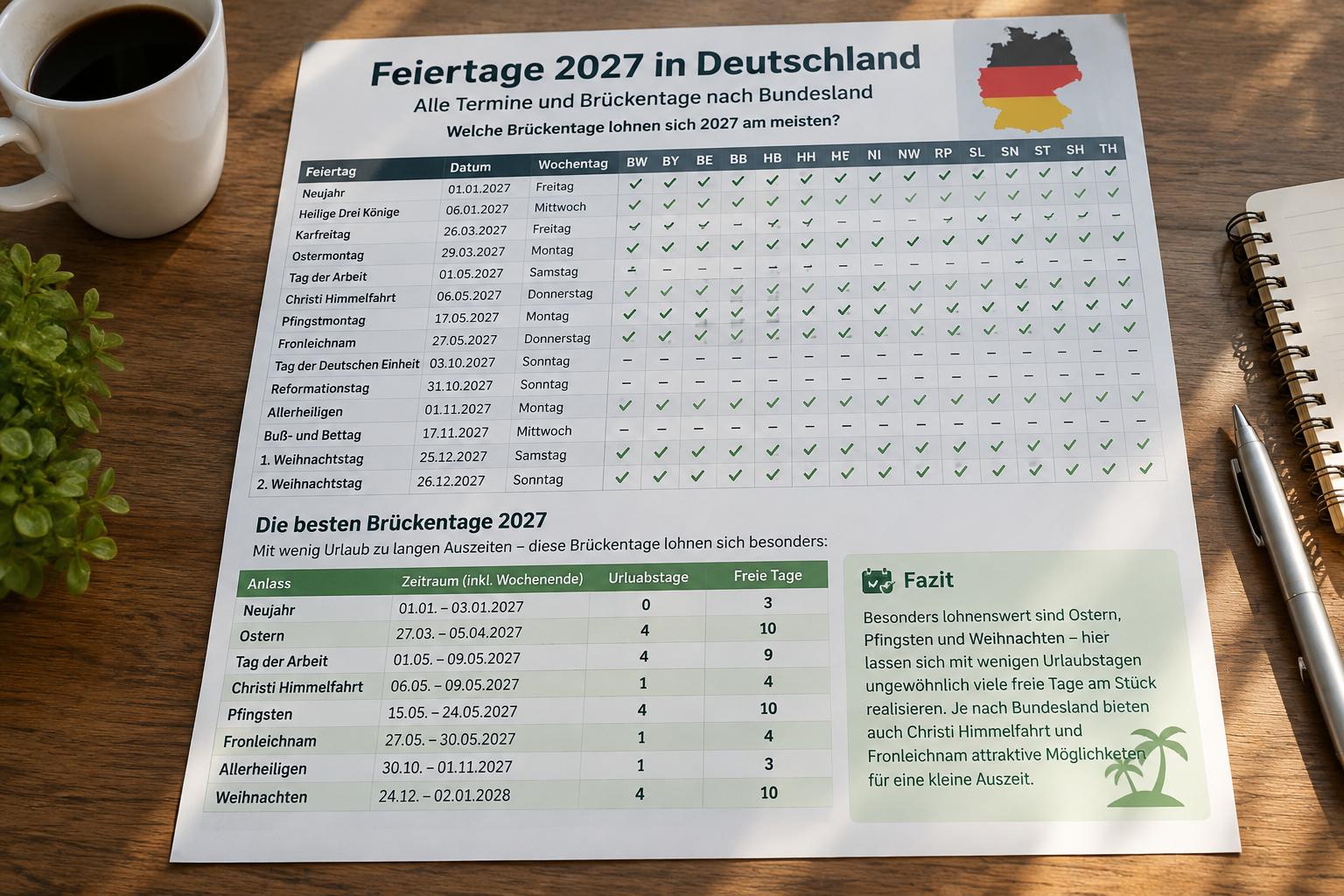 Feiertage 2027 in Deutschland: Alle Termine und Brückentage nach Bundesland. Welche Brückentage lohnen sich 2027 am meisten? Feiertage 2027 in Deutschland: Alle Termine und Brückentage nach Bundesland. Welche Brückentage lohnen sich 2027 am meisten?